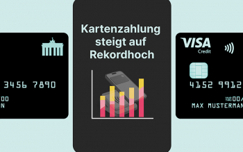 Eine Grafik die zeigt, wie die meisten Deutschen mit Karte zahlen. Links und rechts ist die Deutschland-Kreditkarte zu sehen.